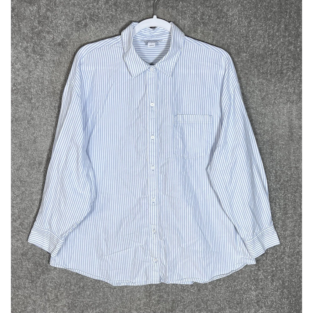 Old Navy The Boyfriend Button Up Shirt Womens Sz Large Blue Stripe Cotton Pocket